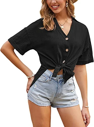 Women's Casual Short Sleeve Button Down Shirts V Neck Tie Knot Split Summer Blouse Tops (14, Black)