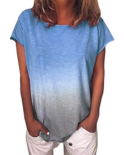 Women's Casual Short Sleeve Top Gradient T-Shirt Baggy Sweatshirt Tee Round Neck Long Sleeve Loose S