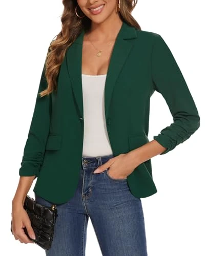 Women's Casual Single Button Front Blazer Ruched 3/4 Sleeve Notched Lapel Office Lightweight Blazers with Pockets, Dark Green, L