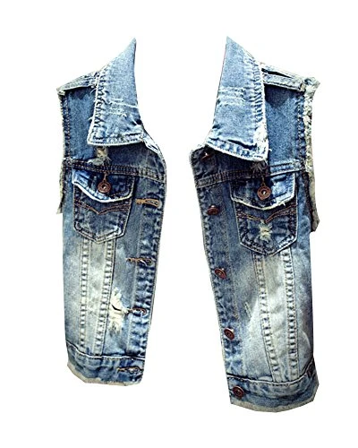 Womens Casual Sleeveless Button Up Denim Jacket Short Ripped Jean Vest Waistcoat Blue 2XL