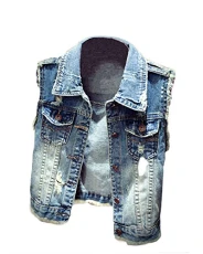 Womens Casual Sleeveless Denim Jacket Short Jean Vest Button Waistcoat Blue XS