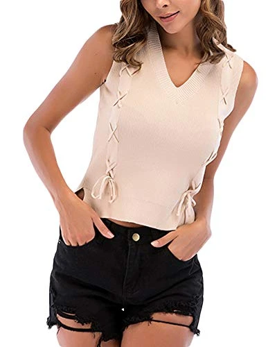 Women's Casual Sleeveless Loose T-Shirt V-Neck Fashion Comfortable Vest Apricot M