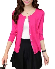 Women's Casual Slim Open Front Long Sleeve Cardigan Knit Jacket Tops Rose XL