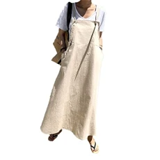 Women's Casual Spaghetti Strap Long Dress Bib Pinafore A-Line Overall Dress with Pockets