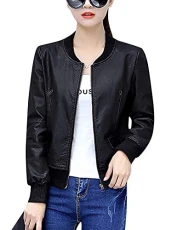 Women's Casual Stand Collar Zip Up PU Leather Moto Biker Bomber Jacket (UK 8, Black)