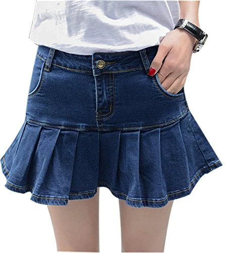 Women's Casual Stretchy A-line Pleated Ruffle Short Mini Denim Skirt (Blue, UK 22)