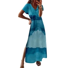 Women's Casual Summer Short Sleeve Dress with V-Neck Colourful Colour Gradient Tie Dye Long Slit Dress Wrap Dress Women's Summer Dresses Girls Dress Women's with Slit Sexy Dress, sky blue, M