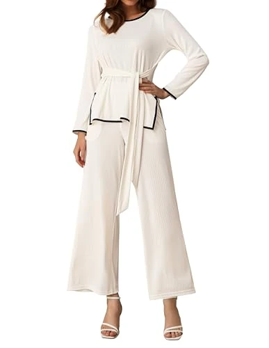 Women's Casual Textured Set of 2 Outfits Long Sleeve Crew Neck Tops Wide Leg Trousers, White, M