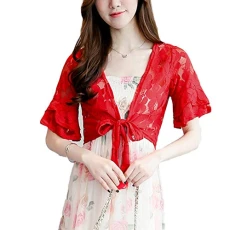 Womens Casual Tie Knot Lightweight Short Cropped Bolero 3/4 Sleeve Cardigan Red M Womens Casual Tie Knot Lightweight Short Cropped Bolero 3/4 Sleeve Cardigan Red M