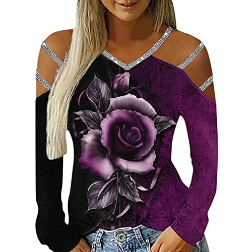 Women's Casual Top Shirt Rose Flower Printed Top V-Neck Off Shoulder Blouse Long Sleeve T-Shirt Blouse Tops Festival Outfit, purple, M
