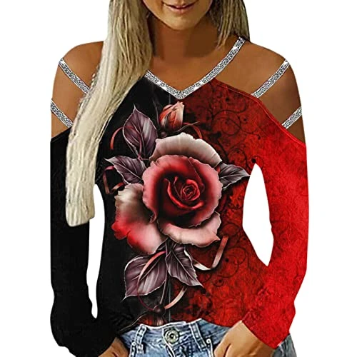 Women's Casual Top Shirt Rose Flower Printed Top V-Neck Off Shoulder Blouse Long Sleeve T-Shirt Blou