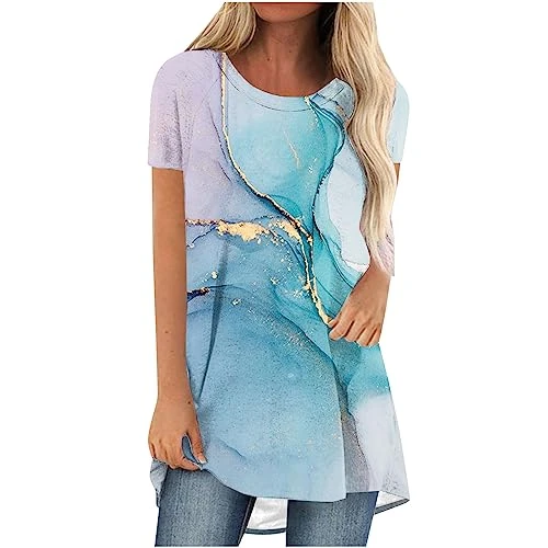 Womens Casual Tunic Tops Short Sleeve Crew Neck T-Shirts Trendy Geometric Printed Pullover Loose Ladies Longine Blouses Shirts Oversized T Shirts Stretch Tee Athletic Fit