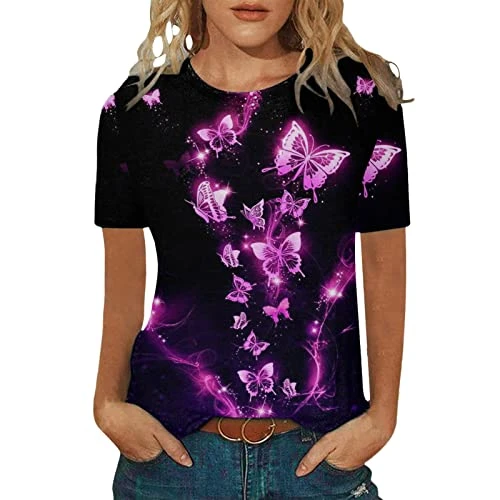 Womens Casual Tunic Tops Womens Casual Fashion Printed Pattern Short Sleeve Round Neck Tshirt Top Womens Polyester T Shirts Purple