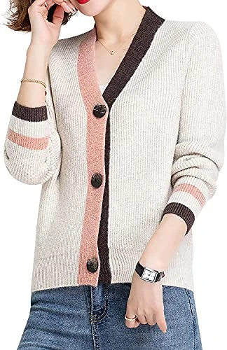 Women's Casual V-Neck Button Down Cardigan Sweater Knitwear Tops (One Size, Beige)