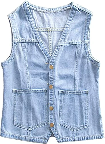 Women's Casual V Neck Buttoned Washed Denim Vest Sleeveless Jean Jacket Waistcoat (Light Blue, numer