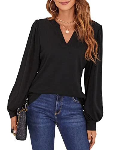 Womens Casual V Neck Tops Black Shirts Lantern Long Sleeve Blouses