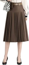 Women's Casual Vintage High Waist Belted Front Pleated A-Line Midi Skirt (8, Brown)