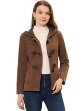 Women's Casual Winter Outwear Hooded Button Toggle Pea Coat Dark Brown M