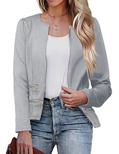 Women's Casual Zipper Cardigan Blazer O Neck Slim Fitted Office Jacket Light Gray