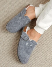 Women's Charcoal Felt Faux Fur Lined Clog Mule Slippers