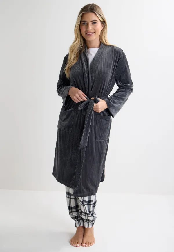 Womens Charcoal Island Fleece Ribbed Dressing Gown