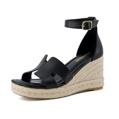 Women's Charlie Espadrille Wedge Sandal +Memory Foam and Wide Widths Available, Black Burnished, 5 U