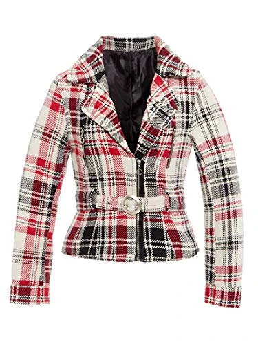 Womens Check Biker Jacket Ladies Coat Size 8 10 12 14 Red Cream New