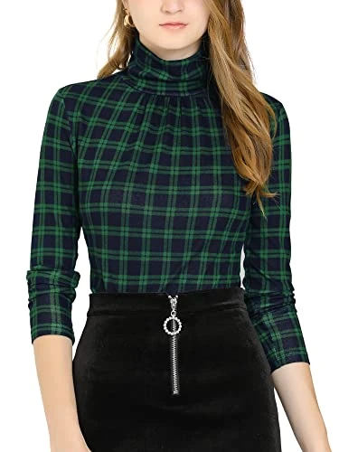 Women's Checked Long Sleeve Turtleneck Shirt Stretch Slim Tartan Plaid Tops Green 12