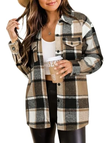 Women's Checked Shirt Jacket Long Sleeve Shacket Coat Flannel Jacket Shirt Blouse with Buttons, brow