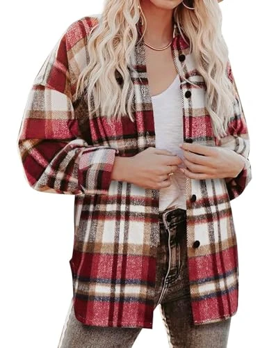 Women's Checked Shirt Jacket Long Sleeve Shacket Coat Flannel Jacket Shirt Blouse with Buttons, red,