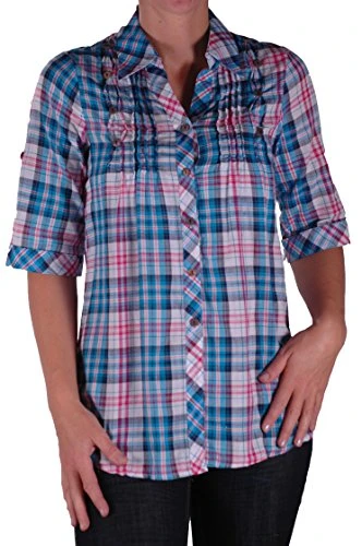 - Womens Checkered Smart Casual Ladies Check Blouse Shirt Turquoise Large