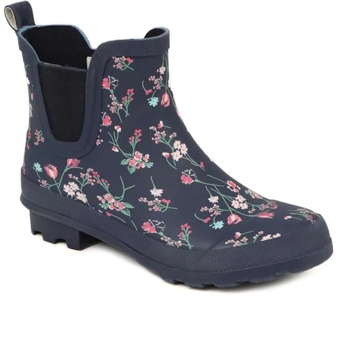 Women's Chelsea Wellie Boots in Navy Floral - Wellington Rain Shoes with Mesh Panel - Comfortable La