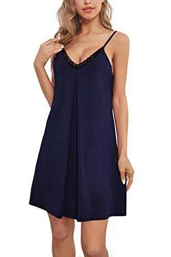 Womens Chemise Sleepwear Full Slips Sexy Lace Nightgown Cotton Jersey Lingerie Navy Blue,S