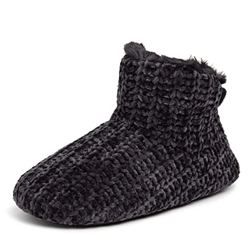 Women's Chenille Bootie Slipper, Black, Medium UK