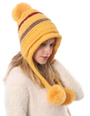 Womens Chenille Stripe Pompoms Beanie Slouchy Soft Stretch Knitted Warm Earflap Hat (Yellow) Womens Chenille Stripe Pompoms Beanie Slouchy Soft Stretch Knitted Warm Earflap Hat (Yellow)
