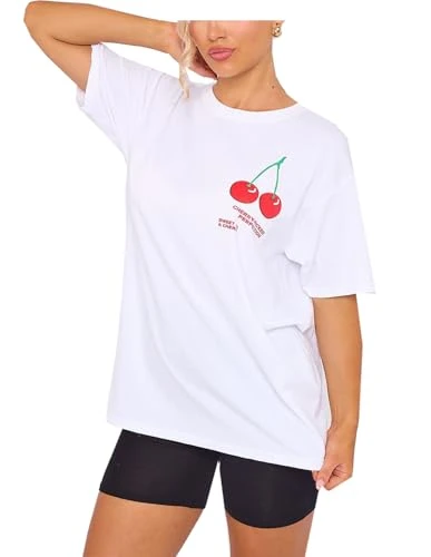 Womens Cherry Perfection Printed Oversized Top T-Shirt Ladies Casual Short Sleeve Baggy Fit Crew Neck Summer Oversized Fruit Slogan Print Tees Shirt Plus Size White 16-18