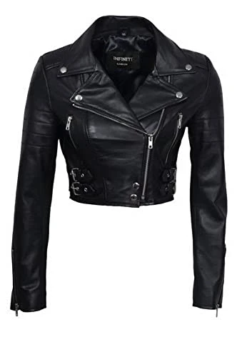 Women’s Chic Black Cropped Leather Biker Jacket 10