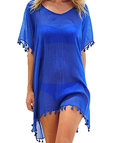 Womens Chiffon Beachwear Tassel Kaftan Beach Dress Loose Bikini Swim Bathing Suit Cover Up Black