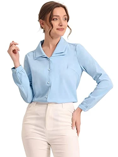 Women's Chiffon Blouse Double Collar Business Casual Button Up Long Sleeve Formal Shirt Light Blue S