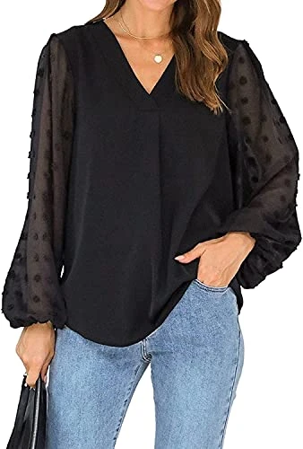 Womens Chiffon Blouse Long Sleeve V Neck Shirts Black Oversized T Shirt Tops