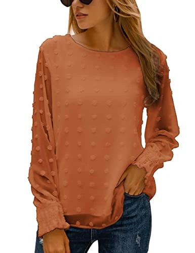 Womens Chiffon Blouses Elegant Lantern Long Sleeve Round Neck Top Pom Pom Shirts, Bronze, Large