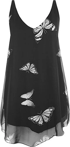 Women's Chiffon Butterfly Print Lined Sleeveless Dip Hem Vest Top - Black - 20