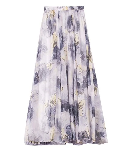 Womens Chiffon Long Skirt Floral Printing Maxi Skirt with Lining Elastic Waist Beach Skirt Style 2 90 CM