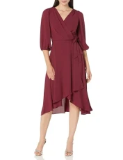 Women's Chiffon Long Sleeve Faux Wrap Dress, New Maroon, 16 Women's Chiffon Long Sleeve Faux Wrap Dress, New Maroon, 16