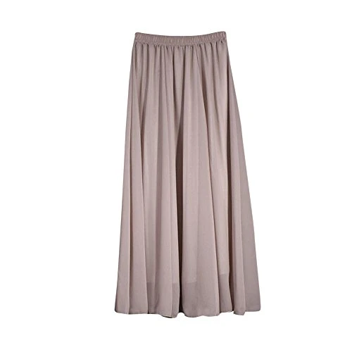 Women's Chiffon Pleated Retro Maxi Long Skirt Elastic Waist Dress Light Grey 90 CM