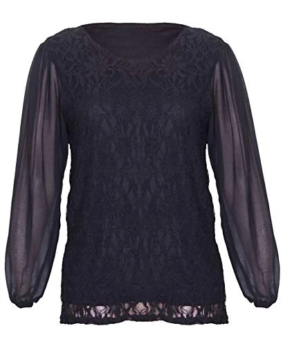 Womens Chiffon Sheer Lace Mesh Full Sleeve Ladies Round Neck Stretch Lined Floral Blouse Top Plus Si