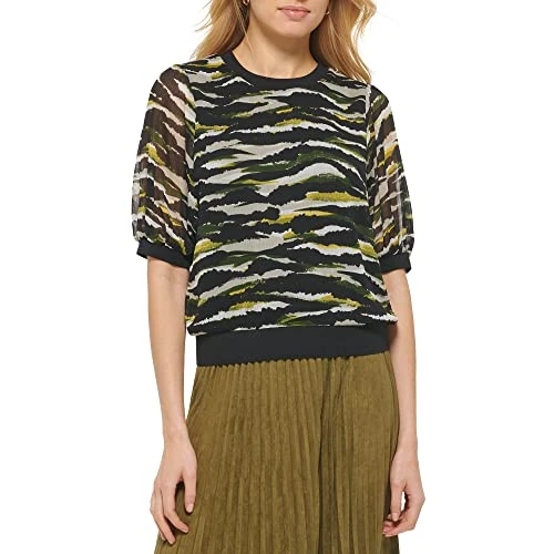 Women's Chiffon Short Sleeve Printed Top Shirt, Black Cadet Green Multi, XL