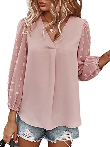 Womens Chiffon Swiss Dot V Neck Blouse Pom Pom Long Sleeve Shirt, Mauve, Medium