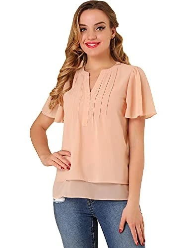 Women's Chiffon Top Butterfly Sleeves Loose Casual Pintuck Blouse Salmon Pink 12