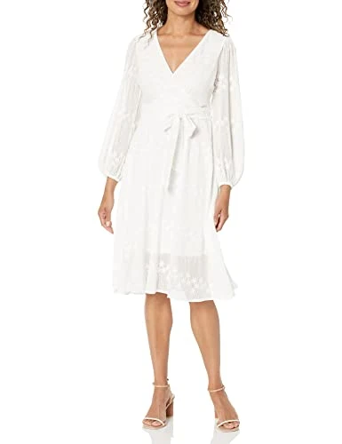 Women's Chiffon Wrap Long Sleeve Dress Casual, White, 10